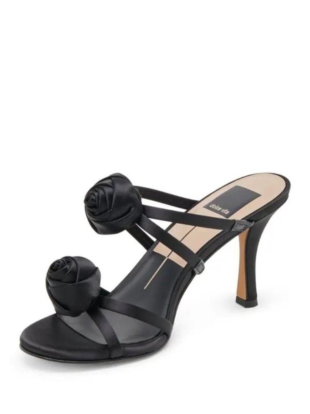 NWB Dolce Vita Linzy Flower Adorned Heels Onyx Satin Womens Size 9.5M